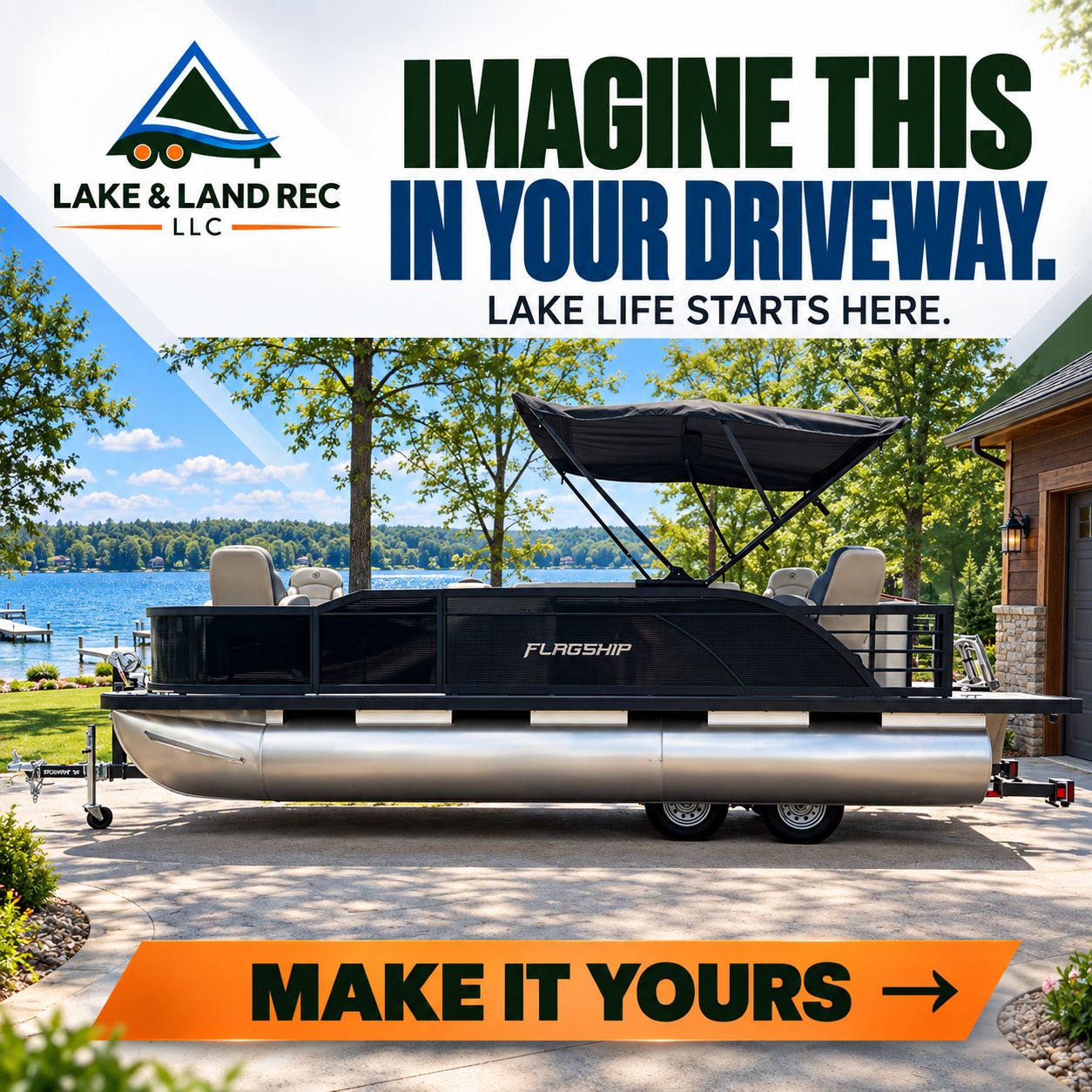 Flagship pontoon boat at Lake & Land Rec, lake life starts here